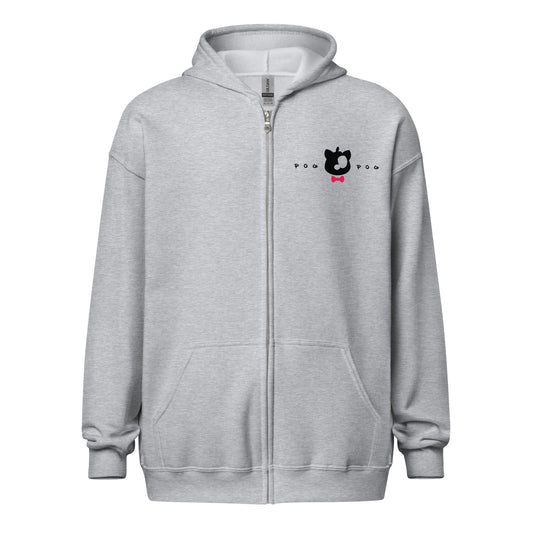 Gray zip hoodie with black logo