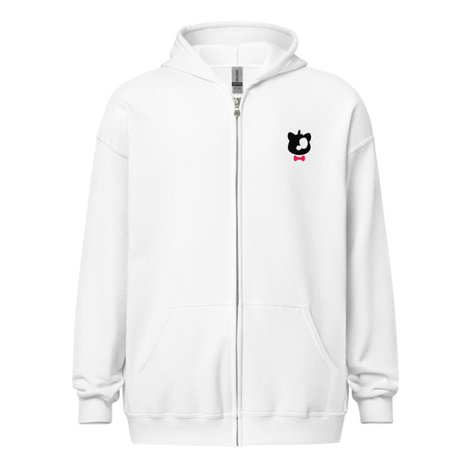 White zip hoodie with black logo