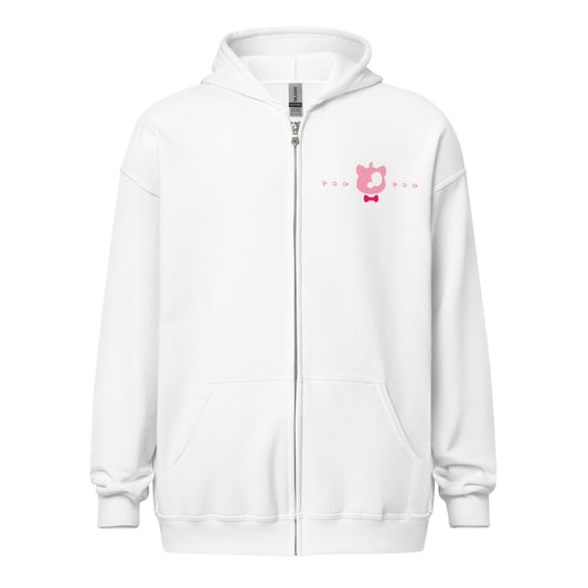 White zip hoodie with pink logo